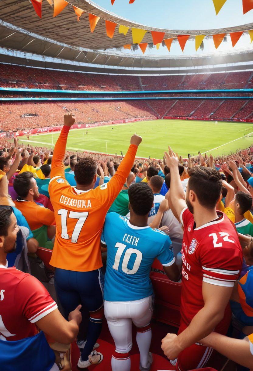 An exciting game day scene featuring fans enjoying premium seating options in a vibrant stadium filled with colorful banners and energetic atmosphere. Showcase diverse groups of fans wearing team jerseys, with wide smiles and drinks in hand, as they cheer for their team. Include a view of the field with athletes in action, and a luxury lounge area visible in the background. Bright, lively colors and joyful expressions convey the essence of a thrilling fan experience. super-realistic. vibrant colors.