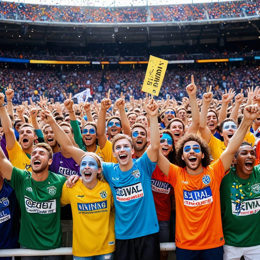 A vibrant and lively scene of a diverse group of fans in colorful jerseys, holding up signs and cheering passionately in a stadium filled with confetti. Incorporate elements of team spirit with face paint and merchandise, showcasing a sense of community and celebration. Add a backdrop of a dazzling scoreboard and banners to enhance the festive atmosphere. super-realistic. vibrant colors. dynamic composition.