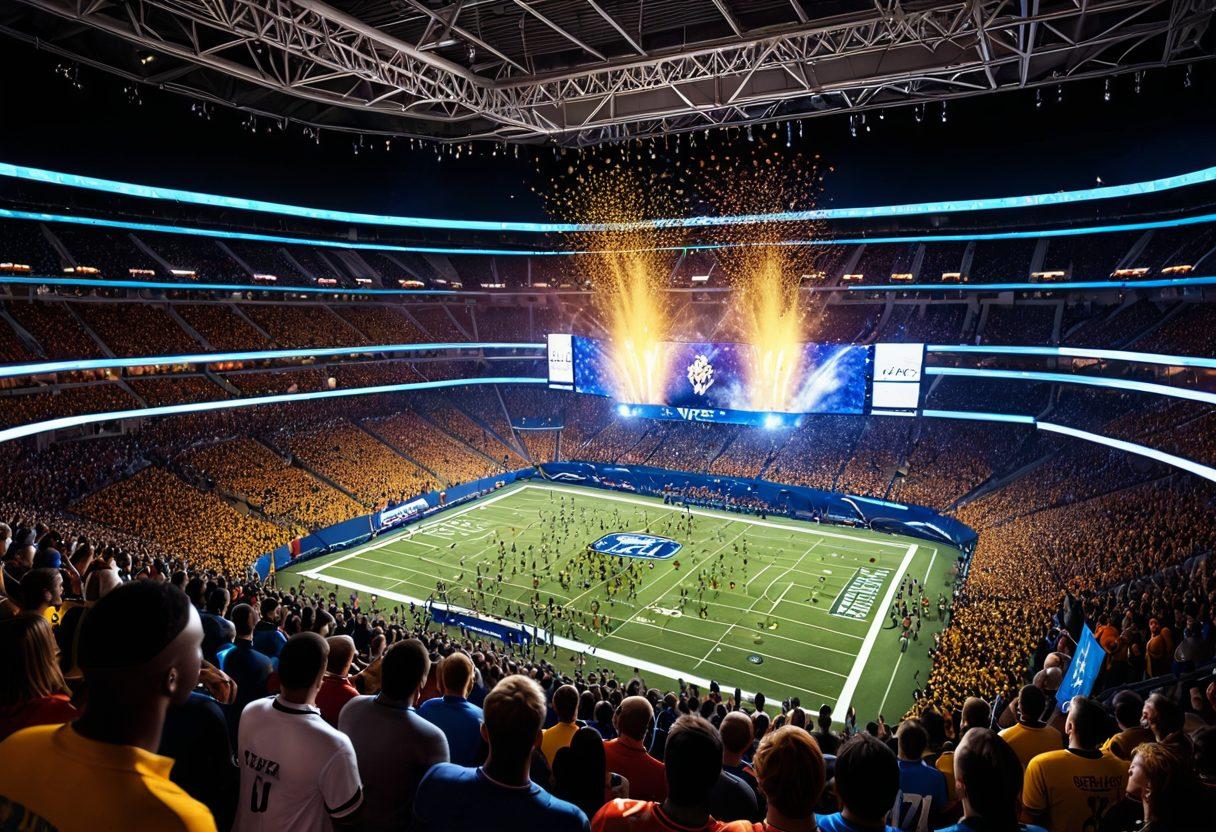 A dynamic scene capturing an enthusiastic crowd at a live sports event, with a focus on a group of fans in the front row enjoying VIP experiences—luxurious seats, exclusive merchandise, and interacting with athletes. The atmosphere should be electric, showcasing vibrant colors of team jerseys and a lively stadium backdrop. Include confetti falling from above to enhance the celebratory mood. super-realistic. vibrant colors. 3D.